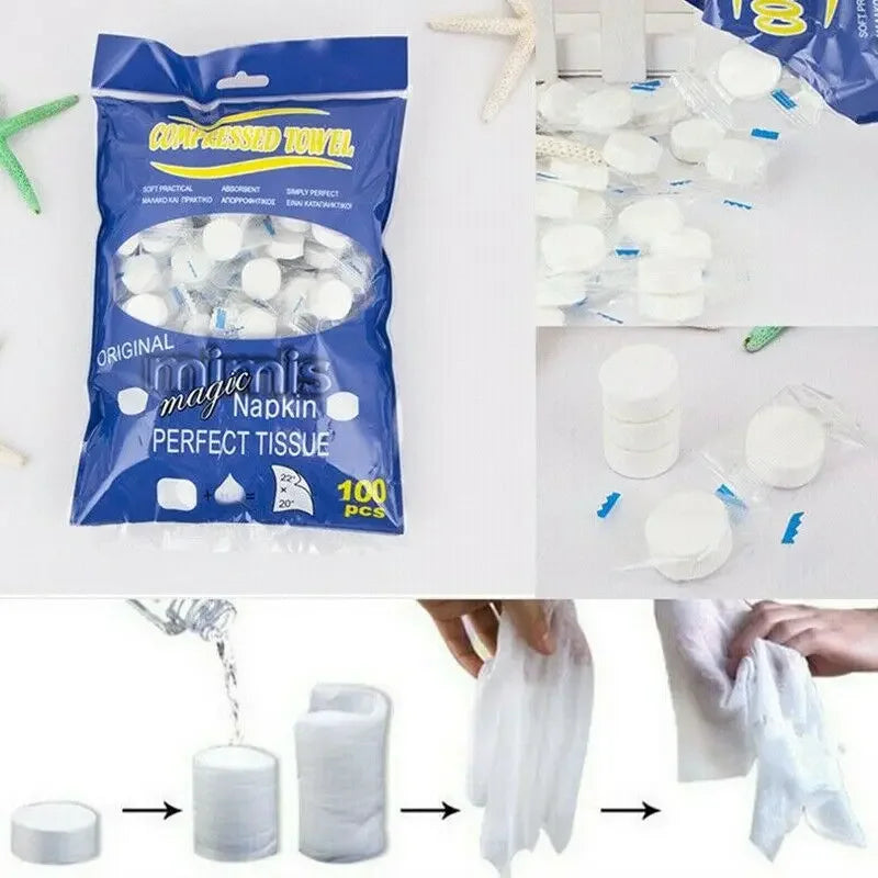 🧻 100pcs Compressed Magic Towels – Portable, Biodegradable for on-the-go cleaning, expanding with water for easy use.