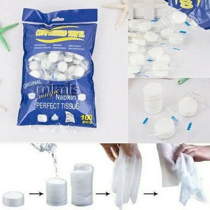 🧻 100pcs Compressed Magic Towels – Portable, Biodegradable for on-the-go cleaning, expanding with water for easy use.