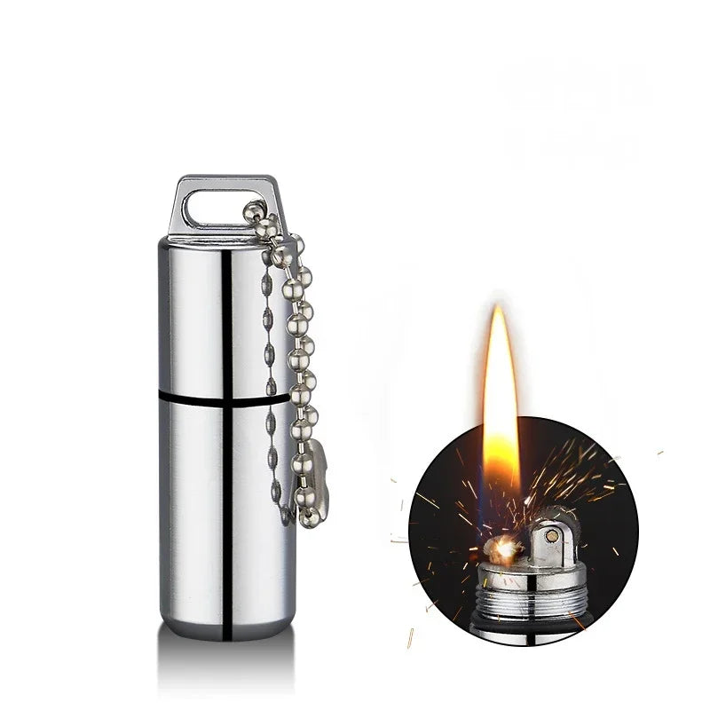 Compact and sleek, the Mini Windproof Metal Kerosene Lighter Keychain – Refillable Survival Fire Starter is perfect for outdoor adventures.