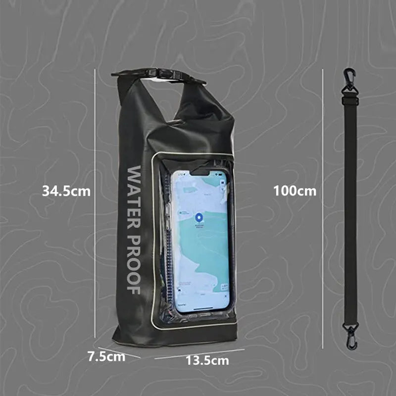 Rugged 2L 5L Dry Bag Swimming Pack with touch screen, perfect for kayaking, trekking, and outdoor adventures.