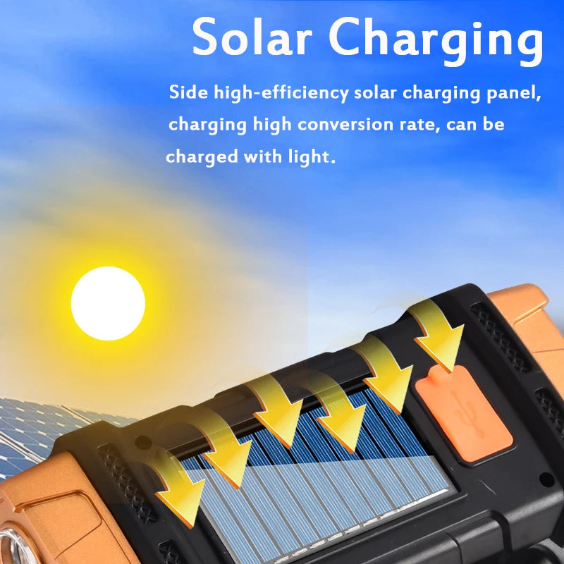 Solar LED flashlight with high-efficiency charging for camping and emergencies, featuring power bank and 4 light modes.