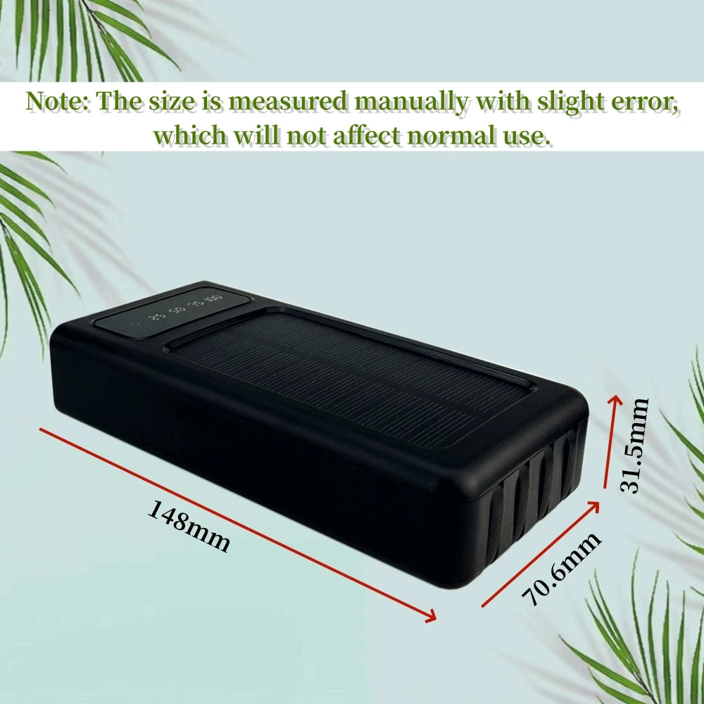 High-capacity 80,000mAh Solar Power Bank with Built-In Cables, Dual USB Output, and LED light for emergencies.