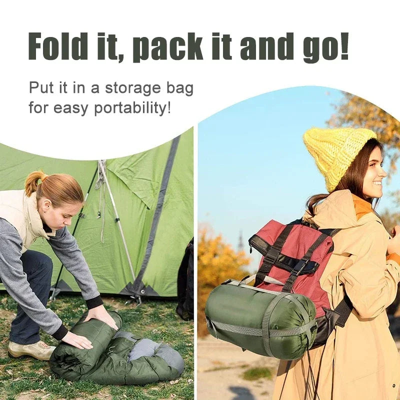 Compactly packed, the 4-Season Ultralight Waterproof Sleeping Bag – Warm, Compact is perfect for camping adventures.