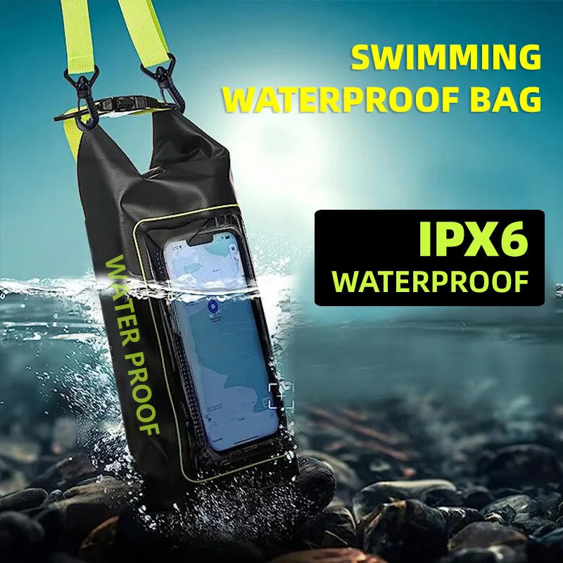 Durable 2L 5L Dry Bag Swimming Pack with touch screen, perfect for kayaking, trekking, and outdoor adventures.
