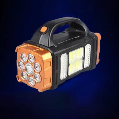 Solar rechargeable LED flashlight with waterproof design, power bank function, ideal for camping and emergencies.