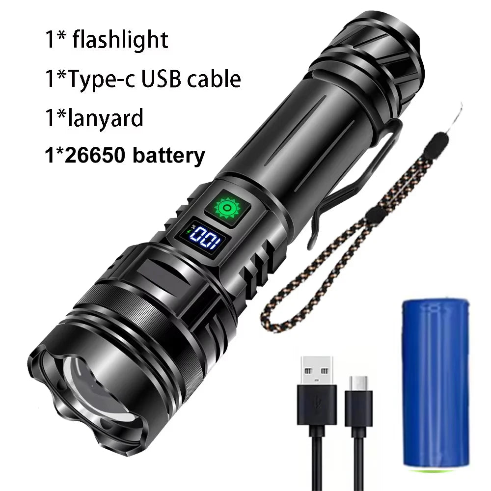 30W Super Bright Zoomable LED Flashlight – 1,000,000 Lumens features USB-C charging and IPX7 waterproof design.