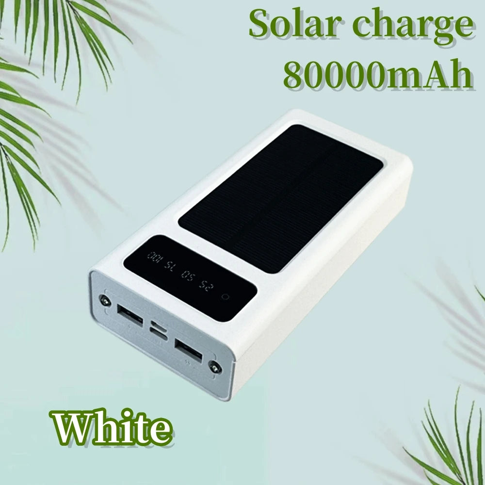 80,000mAh Solar Power Bank with Built-In Cables – Dual USB Output for iPhone, Xiaomi; reliable emergency charger.