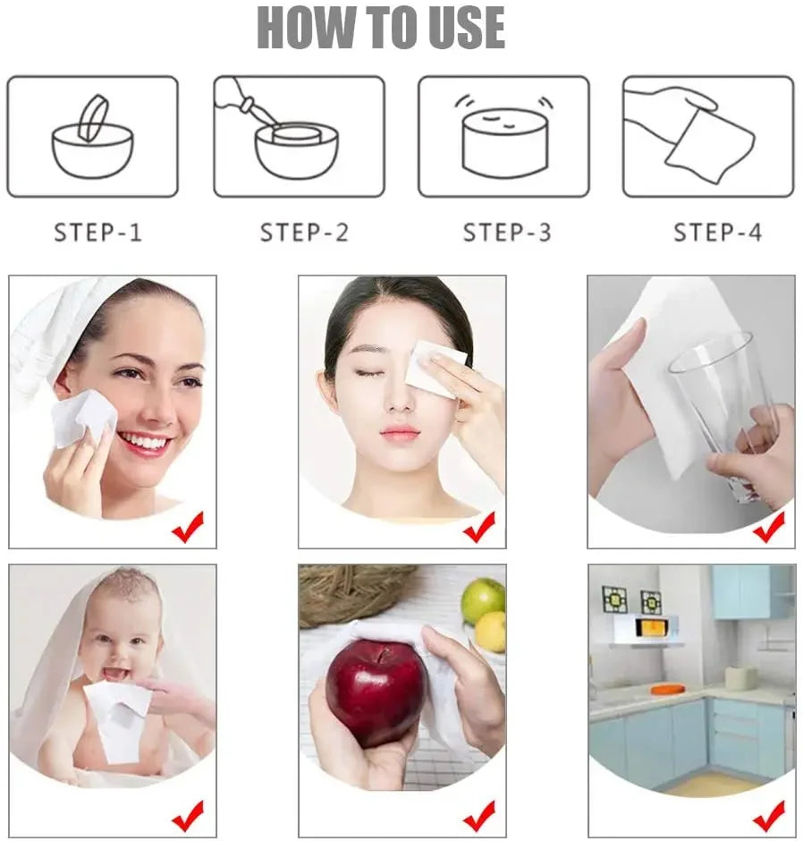 Step-by-step guide on using 🧻 100pcs Compressed Magic Towels – Portable, Biodegradable for quick sanitation.