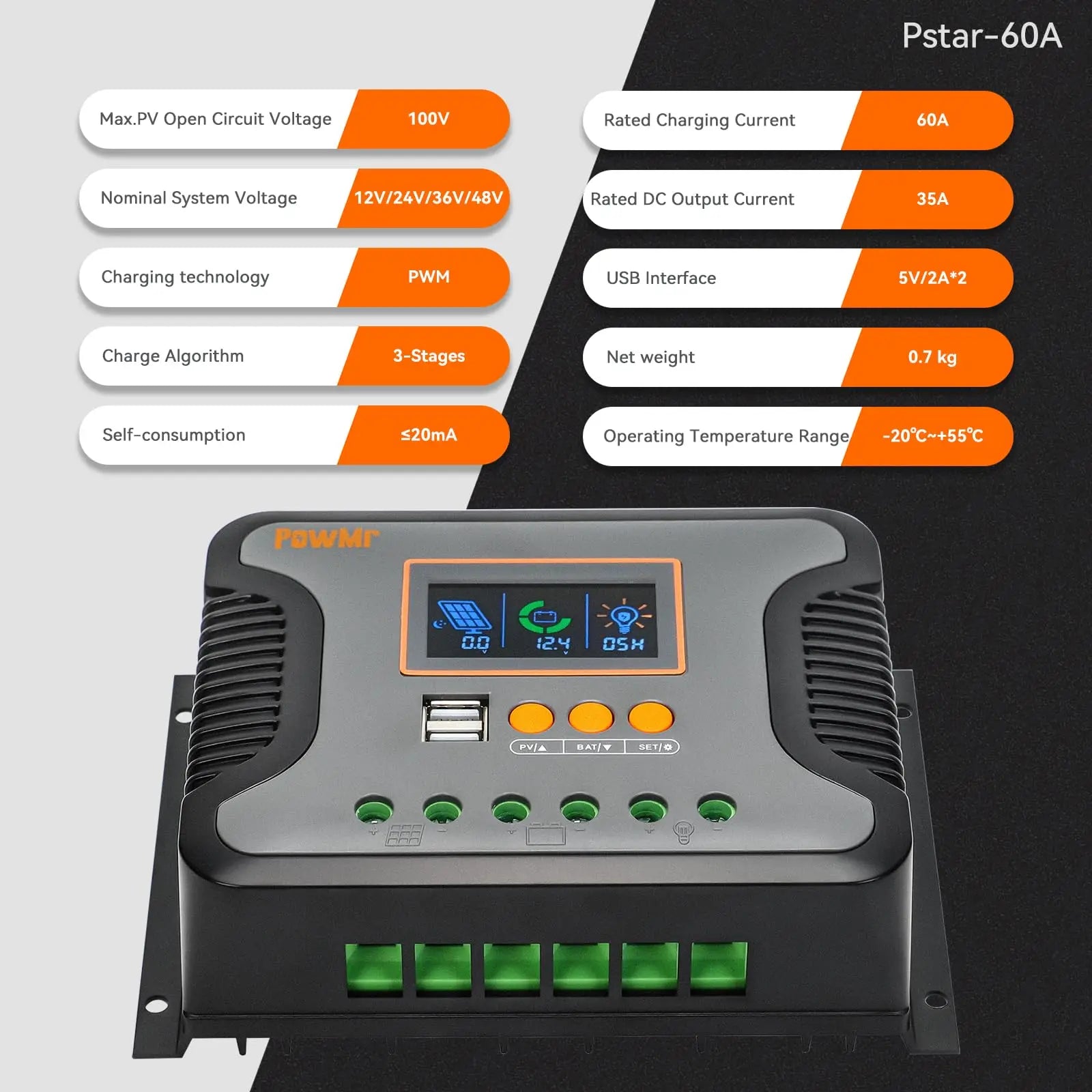 PowMr Solar Charge Controller 30A/60A/80A – PWM, 12V–48V Auto, LCD Display for efficient battery charging solutions.