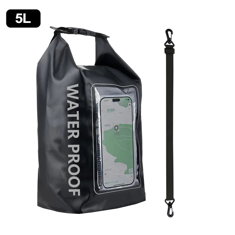 Rugged 2L 5L Dry Bag Swimming Pack with touch screen, perfect for kayaking, trekking, and outdoor adventures.