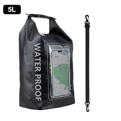 Rugged 2L 5L Dry Bag Swimming Pack with touch screen, perfect for kayaking, trekking, and outdoor adventures.