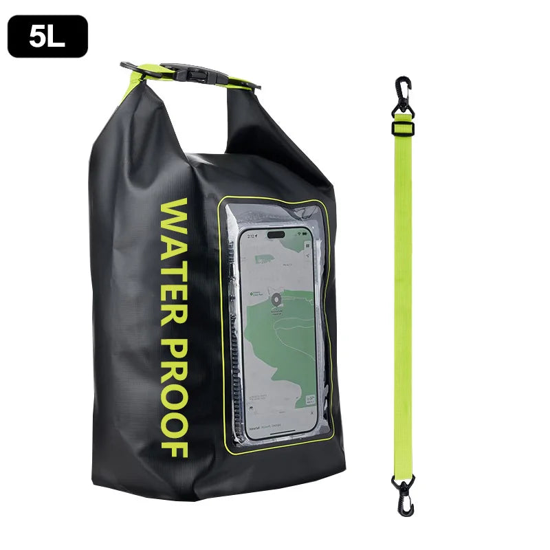 Rugged 2L 5L Dry Bag Swimming Pack with touch screen, perfect for outdoor kayaking, trekking, and boating adventures.