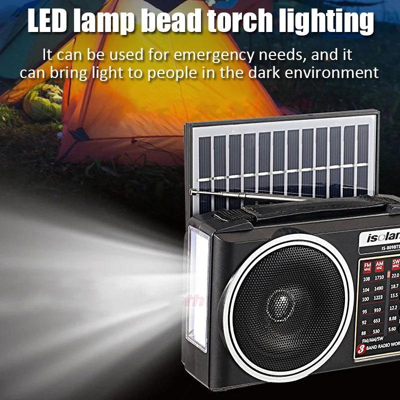 Stay prepared with the Multi-Band Emergency Radio with Solar Charging or Battery, featuring LED light and Bluetooth.
