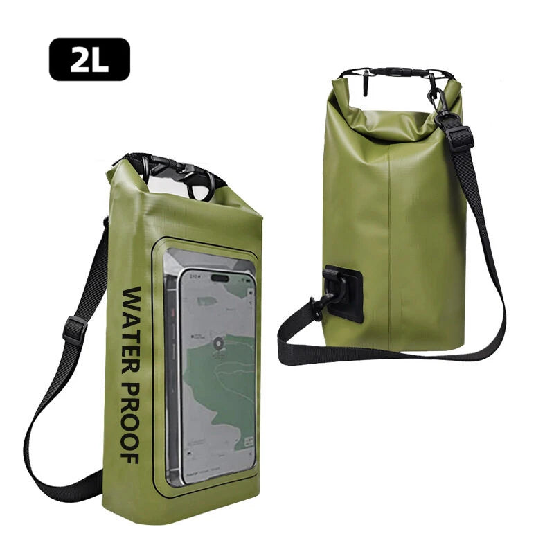Durable 2L 5L Dry Bag Swimming Pack with touch screen, perfect for outdoor kayaking, trekking, and boating adventures.