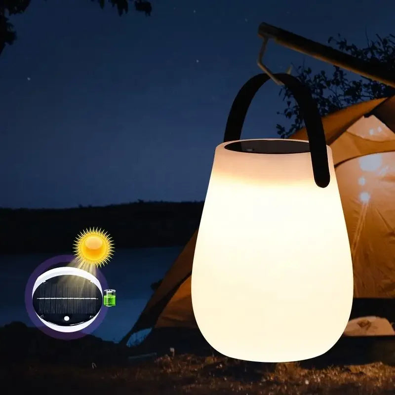 Illuminate your nights with the Solar LED Table Lantern – Portable Outdoor Camping Light, USB rechargeable and weatherproof.