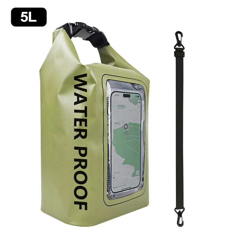 Rugged 2L 5L Dry Bag Swimming Pack with touch screen, perfect for kayaking, trekking, and outdoor adventures.