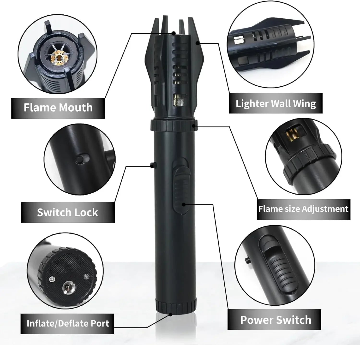 Powerful Torch Lighter – Windproof Jet Flame with Safety Lock | Refillable Butane Gas Lighter for Emergencies features.
