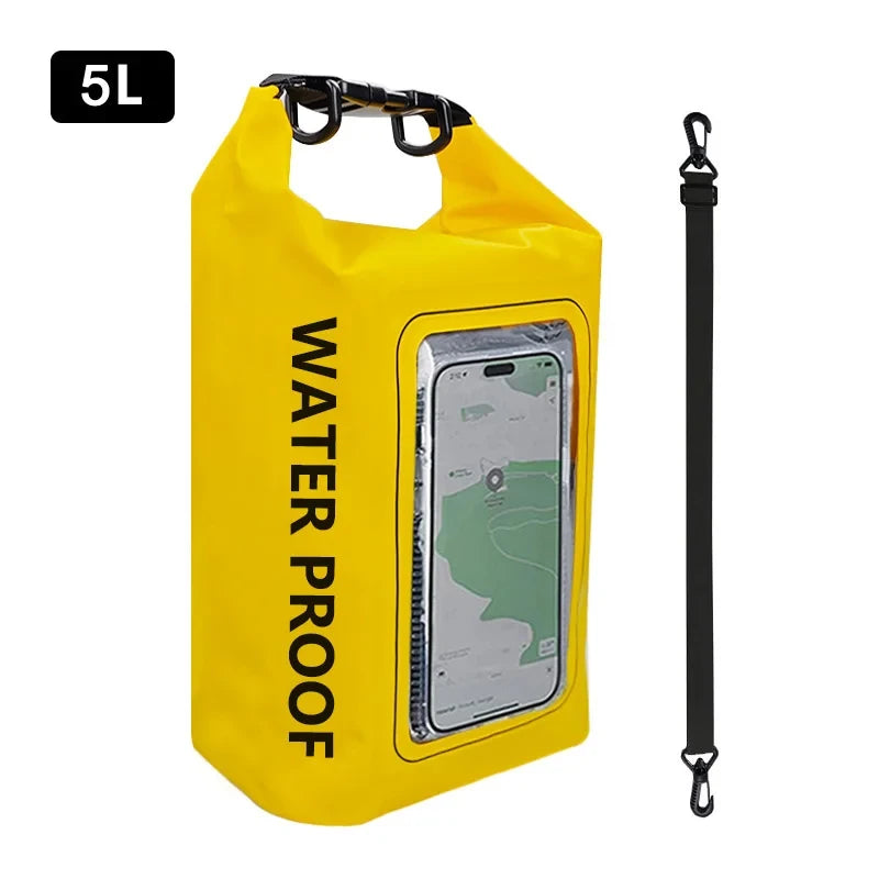 Rugged 2L 5L Dry Bag Swimming Pack with touch screen, perfect for outdoor waterproof kayak storage and adventure activities.