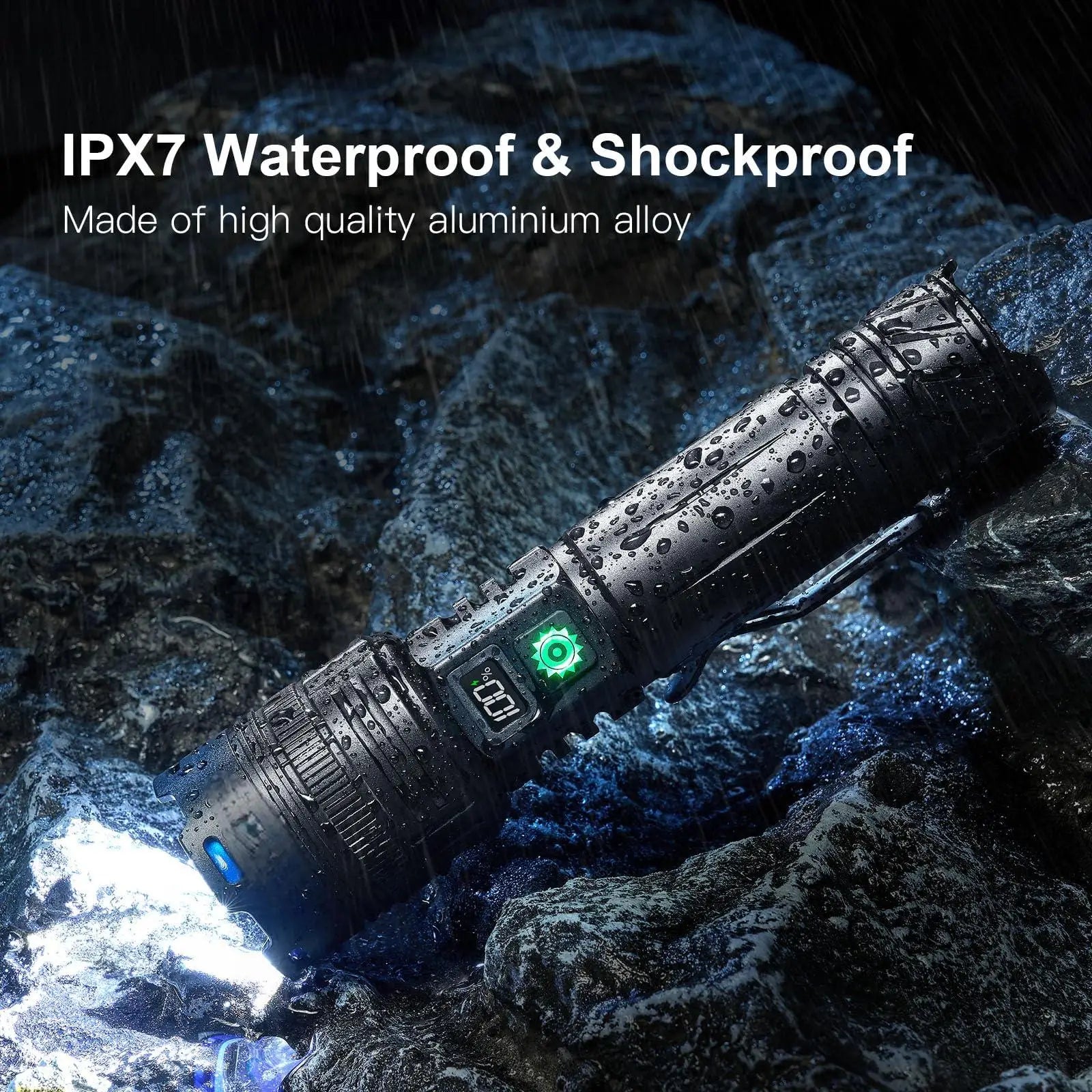 30W Super Bright Zoomable LED Flashlight – 1,000,000 Lumens | USB-C Rechargeable, IPX7 Waterproof for outdoor use.