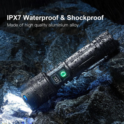 30W Super Bright Zoomable LED Flashlight – 1,000,000 Lumens | USB-C Rechargeable, IPX7 Waterproof for outdoor use.