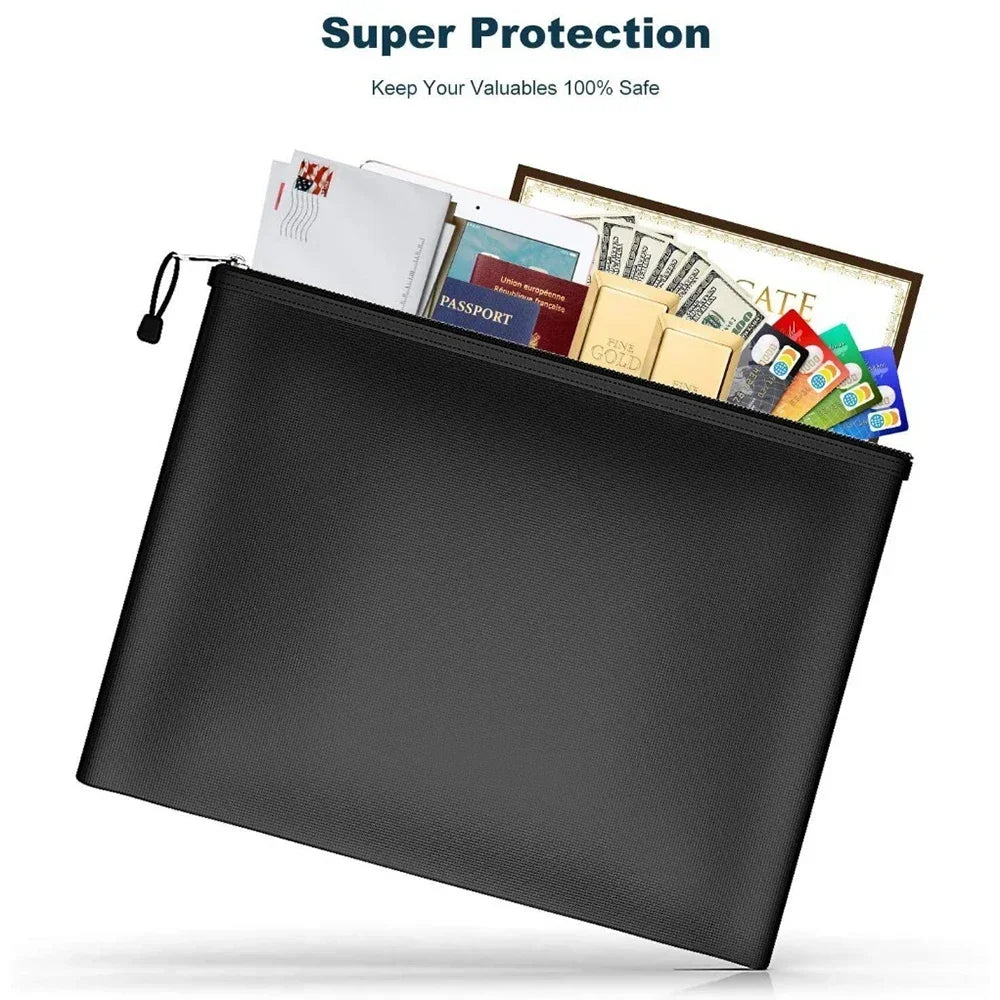 Fireproof and waterproof money bag securely holds cash, documents, and valuables during disasters.