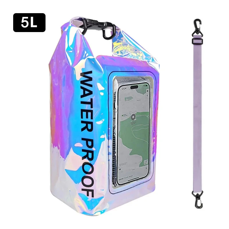 Rugged 2L 5L Dry Bag Swimming Pack with touch screen for waterproof kayaking, trekking, and outdoor adventures.