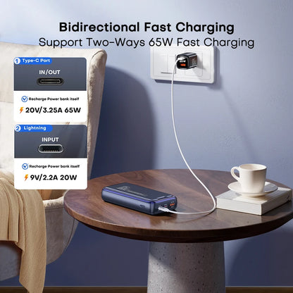 Charge your devices with the QOOVI 30,000mAh Power Bank – 65W PD Fast Charging | Portable Laptop & Phone Charger.