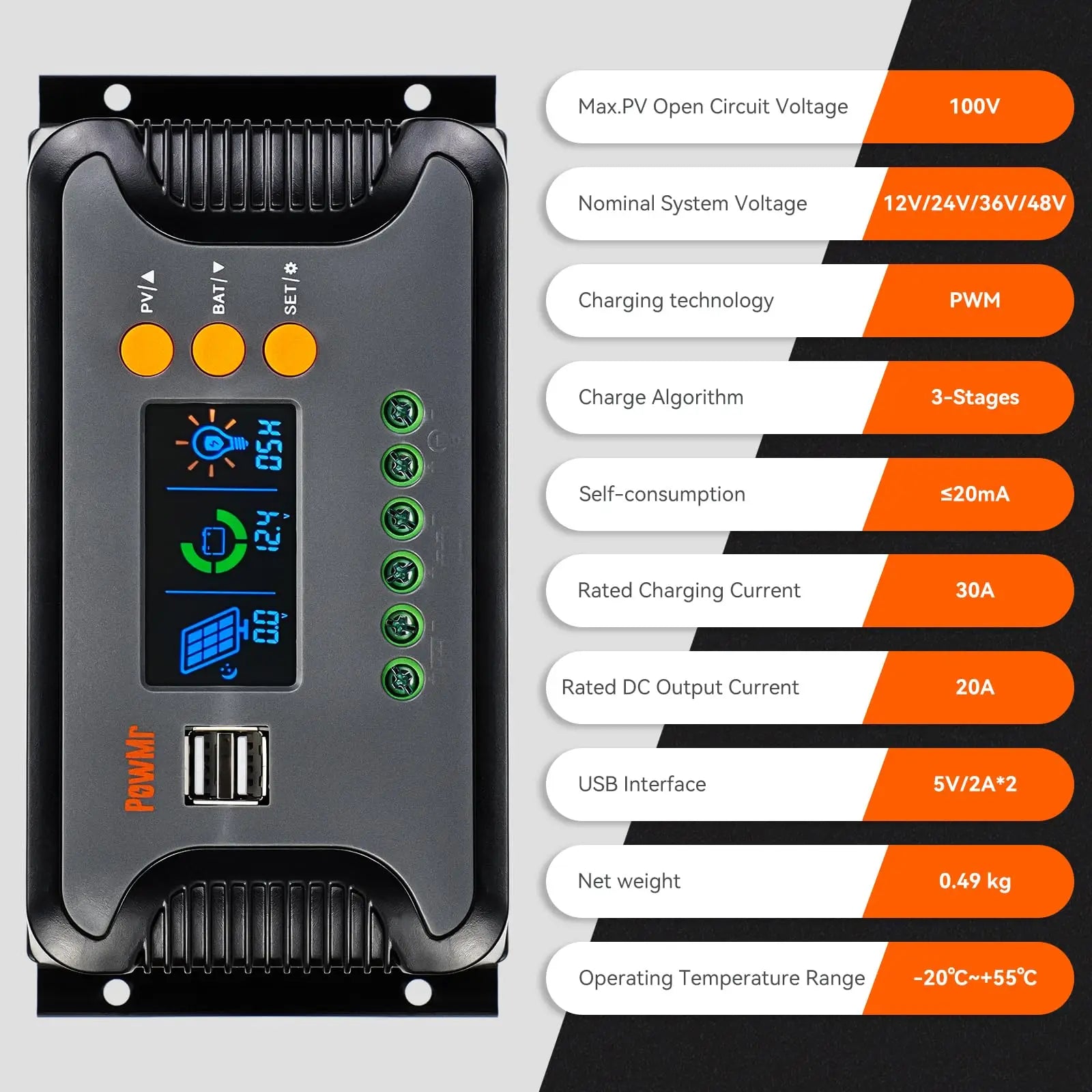 PowMr Solar Charge Controller 30A/60A/80A – PWM, 12V–48V Auto, LCD Display for efficient battery management.