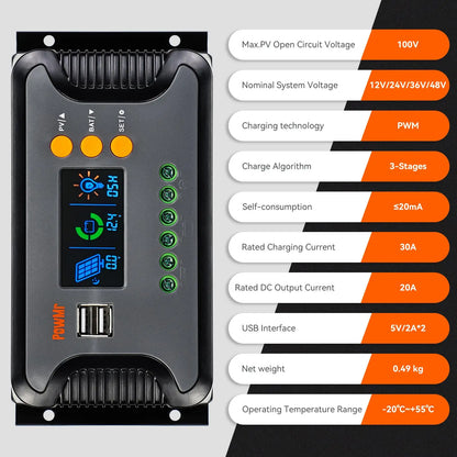 PowMr Solar Charge Controller 30A/60A/80A – PWM, 12V–48V Auto, LCD Display for efficient battery management.