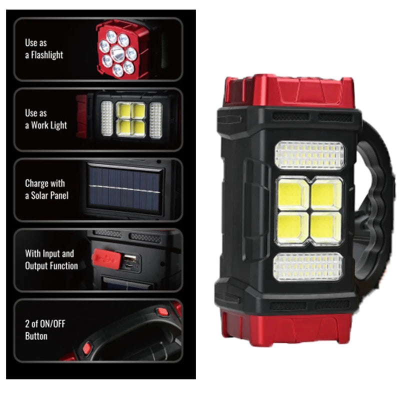 Solar rechargeable LED flashlight with multiple modes, perfect for camping and emergencies. Waterproof and versatile.