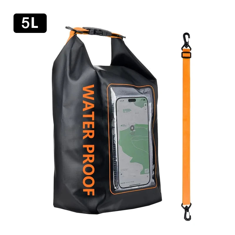 Rugged 2L 5L Dry Bag Swimming Pack with touch screen, perfect for outdoor waterproof kayaking and trekking adventures.