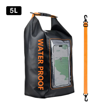 Rugged 2L 5L Dry Bag Swimming Pack with touch screen, perfect for outdoor waterproof kayaking and trekking adventures.
