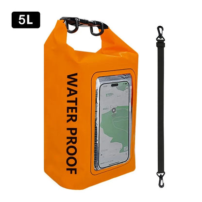 Rugged 2L 5L Dry Bag Swimming Pack with touch screen; outdoor waterproof storage for kayaking, trekking, and boating adventures.