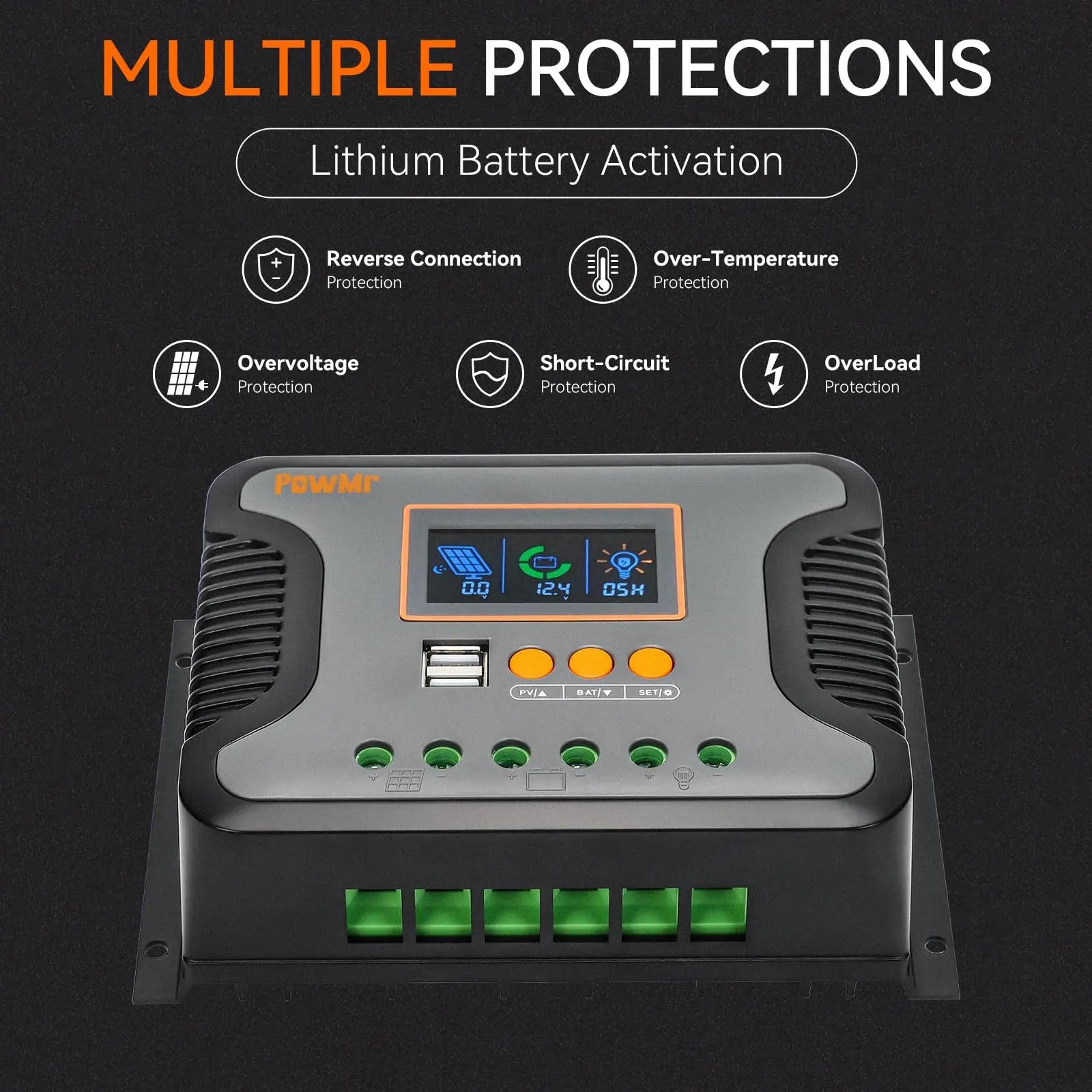 PowMr Solar Charge Controller 30A/60A/80A with LCD display, USB output for efficient smart charging of batteries.
