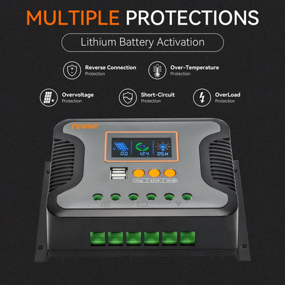 PowMr Solar Charge Controller 30A/60A/80A with LCD display, USB output for efficient smart charging of batteries.