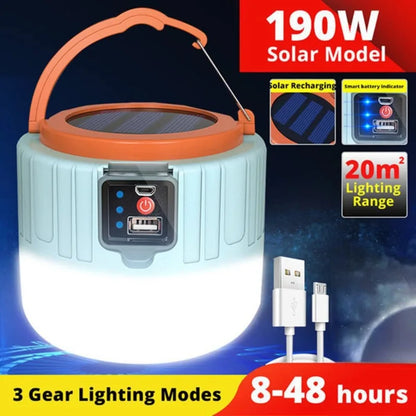 Lanterne de camping solaire LED étanche – Lampe de tente rechargeable par USB avec chargeur de téléphone | Lampe de secours portable pour l'extérieur et la maison