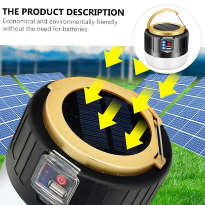 Waterproof Solar LED Camping Lantern – USB Rechargeable Tent Light with Phone Charger offers dual charging for outdoor adventures.
