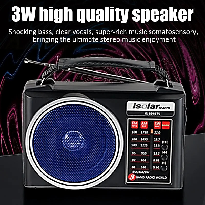 Stay connected with the Multi-Band Emergency Radio with Solar Charging or Battery, featuring a powerful Bluetooth speaker.