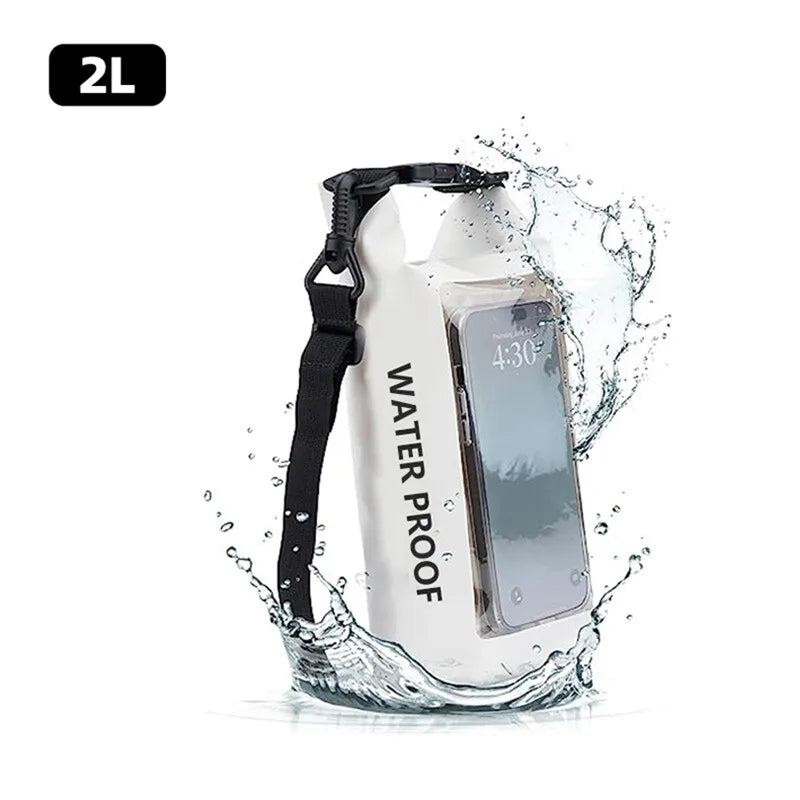 Rugged 2L 5L Dry Bag Swimming Pack with touch screen, perfect for kayaking, trekking, and outdoor adventures.