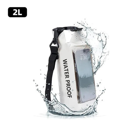 Rugged 2L 5L Dry Bag Swimming Pack with touch screen, perfect for kayaking, trekking, and outdoor adventures.