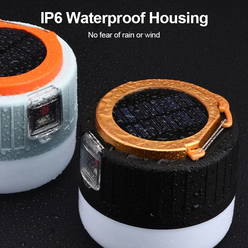 Waterproof Solar LED Camping Lantern – USB Rechargeable Tent Light offers 360° illumination for outdoor adventures.