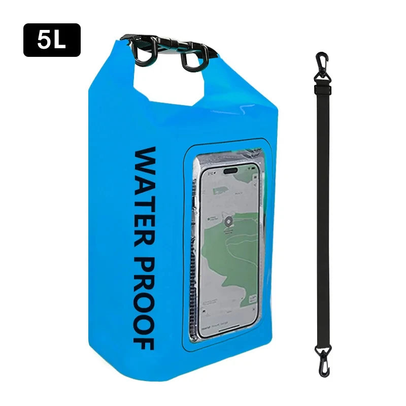 Rugged 2L 5L Dry Bag Swimming Pack with touch screen, perfect for outdoor waterproof storage during kayaking and trekking.
