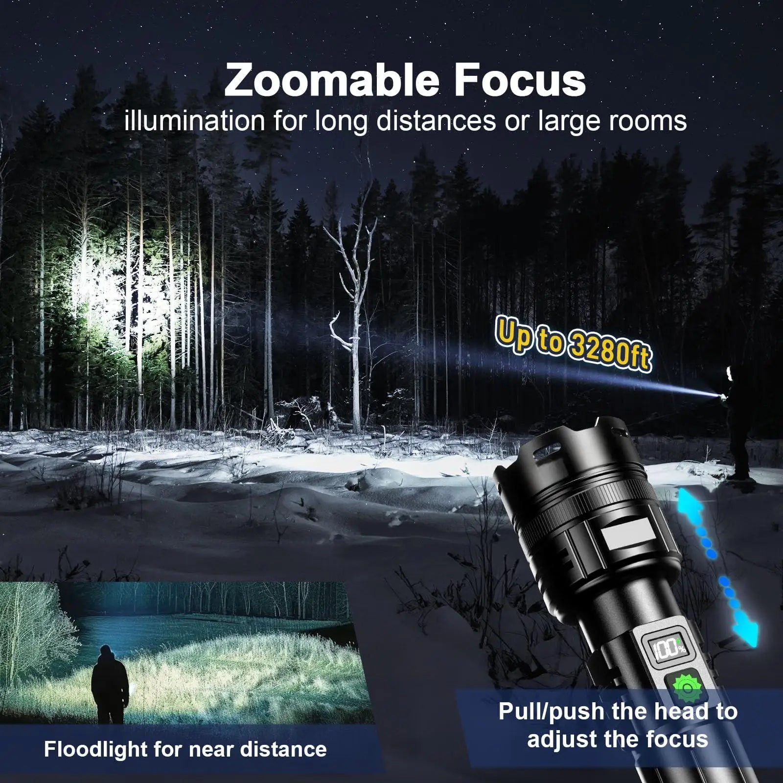 Illuminate your adventures with the 30W Super Bright Zoomable LED Flashlight – 1,000,000 Lumens, USB-C rechargeable.