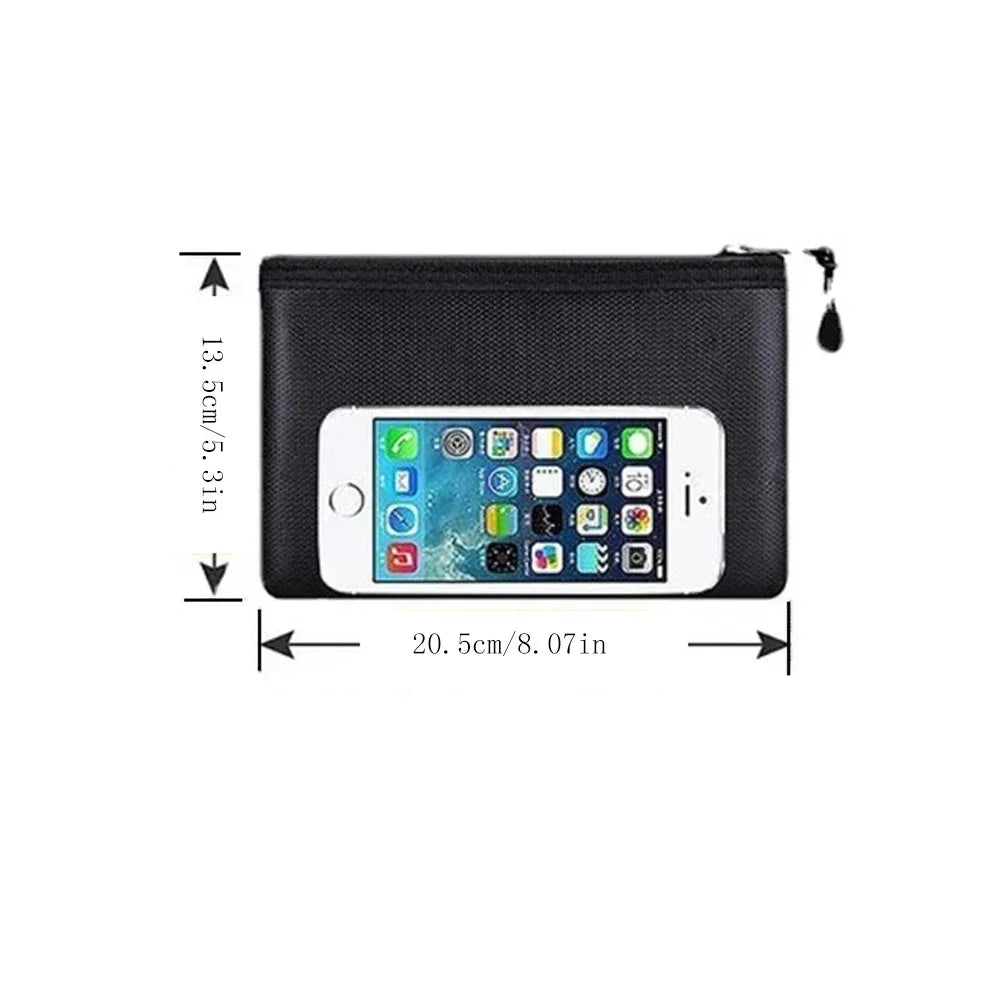 Fireproof and waterproof pouch for safeguarding cash, documents, and valuables during disasters.