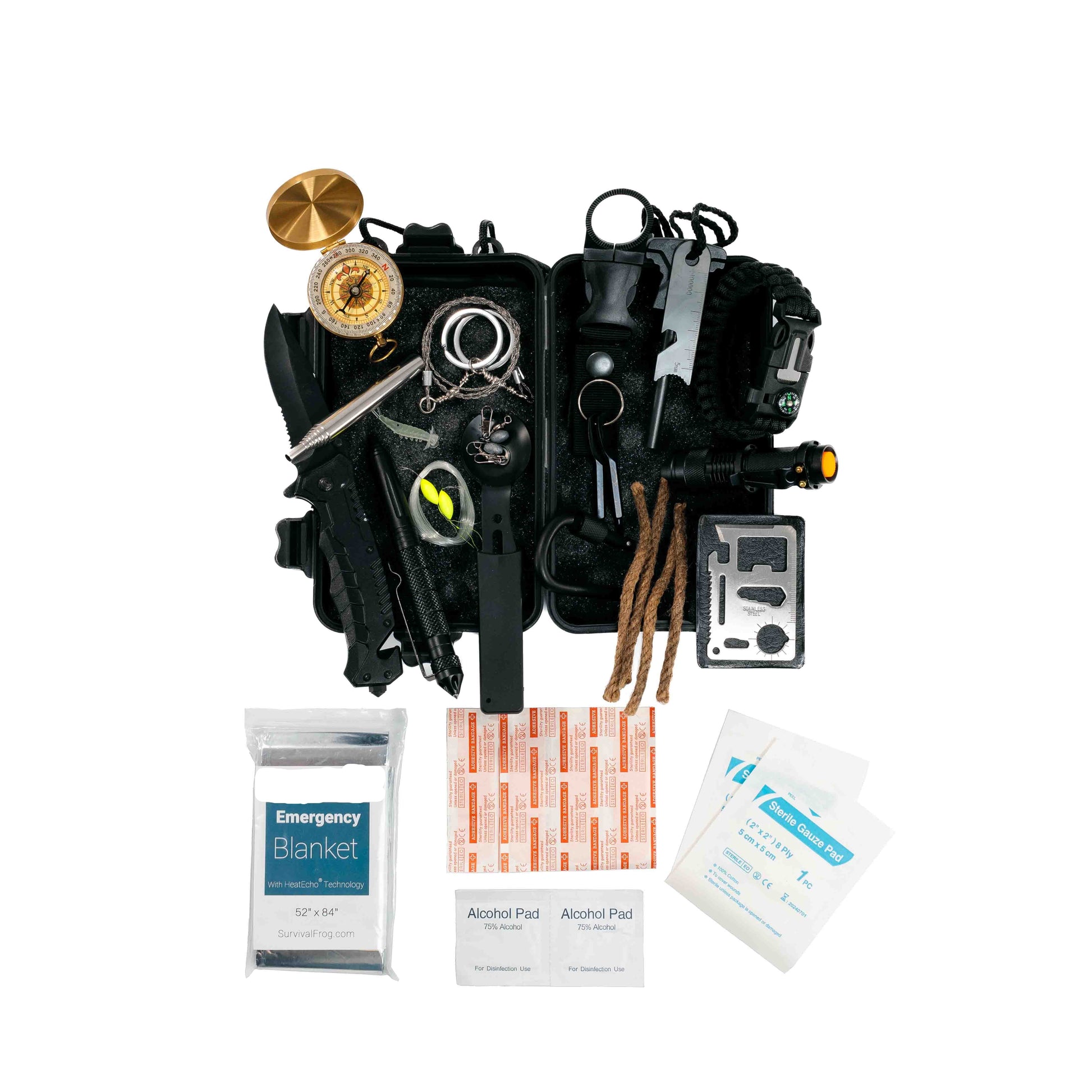 Compact Survival Bundle includes 21 essential tools for hiking, camping, or emergencies. Perfect for any go-bag!