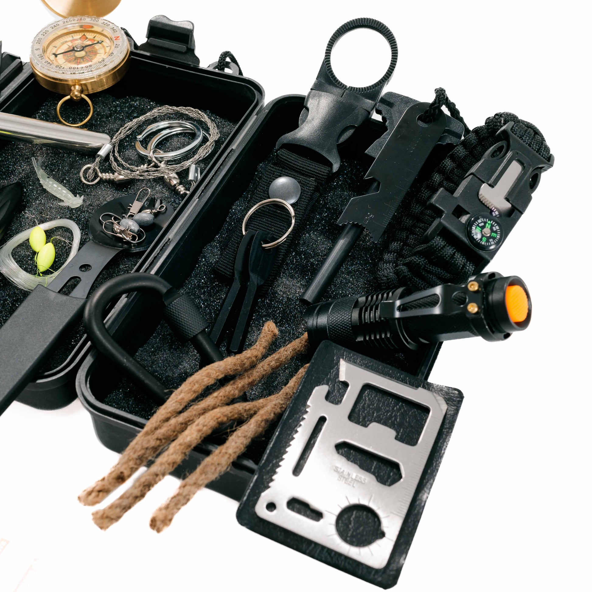 Compact Survival Bundle with 21 essential tools for hiking, camping, and roadside emergencies. Waterproof and lightweight.