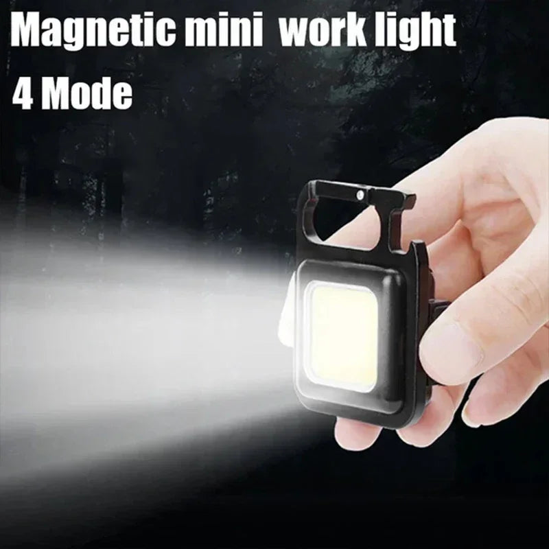 Compact USB-Rechargeable Mini Keychain Flashlight – 800 Lumen LED Light with pocket clip, magnetic base, and bottle opener.