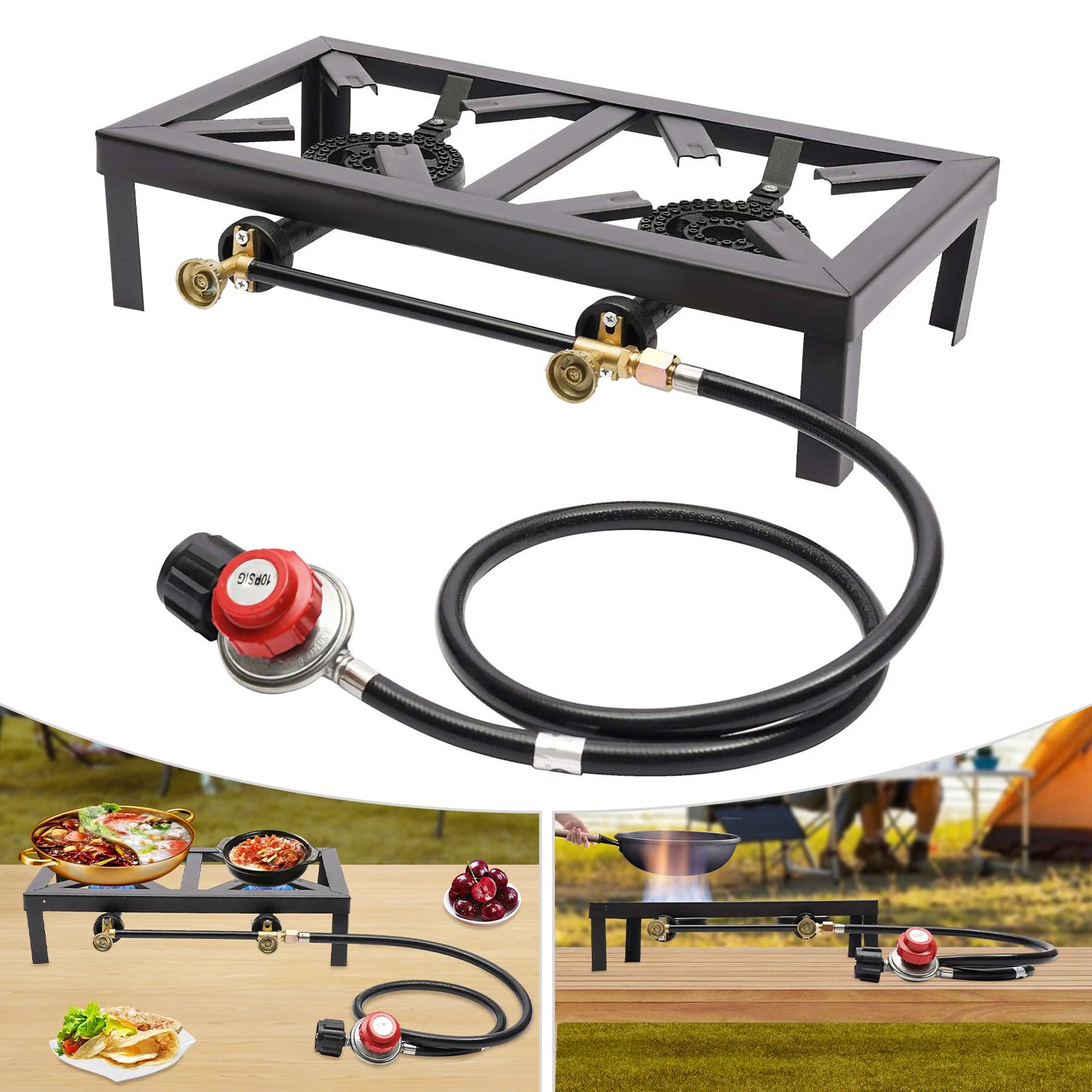 Double Burner Outdoor Gas Stove – Portable High-Heat Cooker with Regulator for efficient outdoor cooking and flame control.