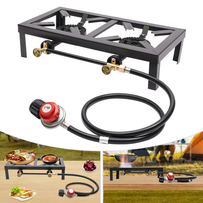 Double Burner Outdoor Gas Stove – Portable High-Heat Cooker with Regulator for efficient outdoor cooking and flame control.