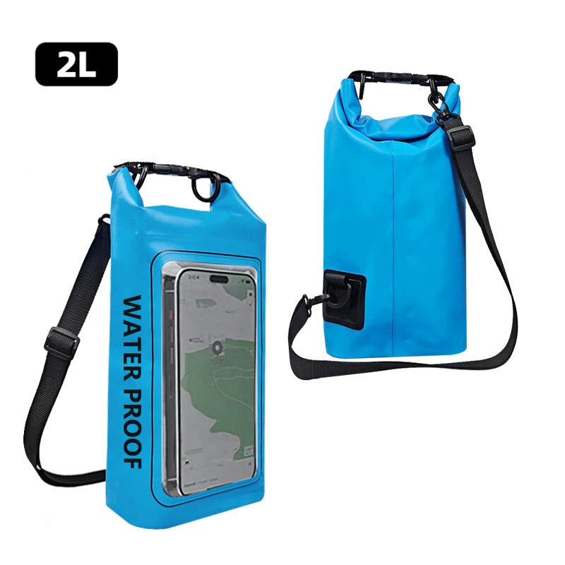 Durable 2L 5L Dry Bag Swimming Pack with touch screen, perfect for outdoor waterproof kayaking, trekking, and boating adventures.